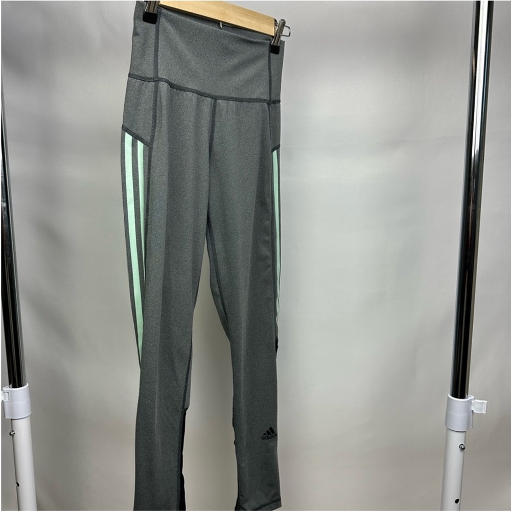 Adidas‎ Gray High-Rise Leggings w/ Mint Stripes & Mesh Calf Panels - Size S
